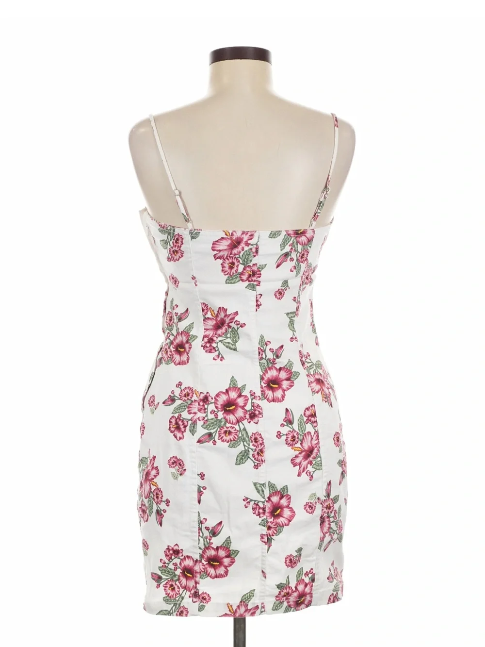 🌺 White Denim Bustier Hibiscus Floral Dress H&M Pink Flowers Large Sweetheart